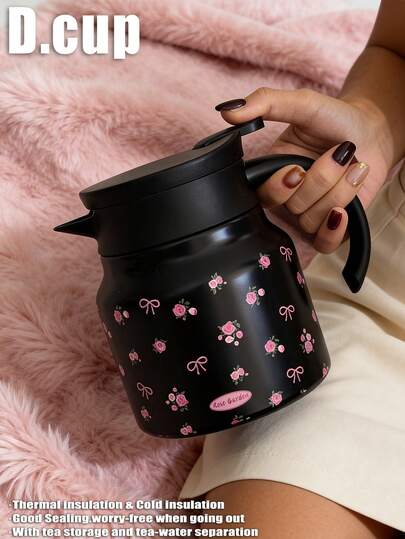 1pc 800ml Rose Bow Pattern Double Wall Stainless Steel Insulated Coffee/Tea Pot, Suitable For Office, Restaurant, Outdoor, School, Party, Ramadan, Valentine's Day, Mother's Day, Birthday And Other Occasions