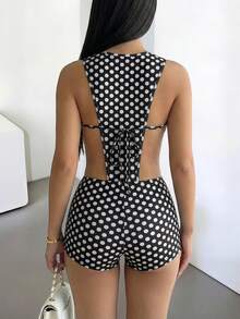 DOUCIU 时尚波点镂空连体衣和短裤性感女士沙滩度假套装 - 黑色 - 查看 2