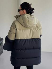 Women's Color Block Hooded Zipper Front Casual Versatile Outdoor Winter Long Sleeve Jacket - Black and White - View 2