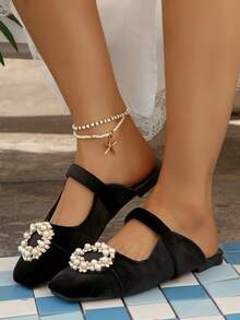 New Spring/Summer Velvet Slide Sandals, Fashionable Closed Toe Flat Slip-On Slippers For Women - Black - View 9