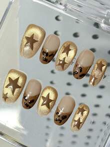 10 Handmade Press-On Nail Art Pieces, Oval-Shaped Five-Pointed Star Elements, Cat-Eye Brown Leopard Print, Cute Nail Art. Removable And Reusable, Suitable For Women, Perfect For Vacations, Holidays, Or Everyday Wear. Nails Nail Supplies - Rust Brown - View 3