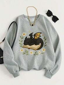 1 PcsWomen'S Black Fantasy Dragon On Book Graphic Sweatshirt - Cozy Pullover With Floral & Starry Night Design, Soft Round Neck Long Sleeve Casual Sweater For Book Lovers & Dragon Enthusiasts, Spring/Fall Literary Inspired Apparel, Fall Sweatshirt For Women, Fall Clothe For Women, Women' Sweatshirt, Sweater For Women, Women Fall Clothe - 白色 - 查看 4