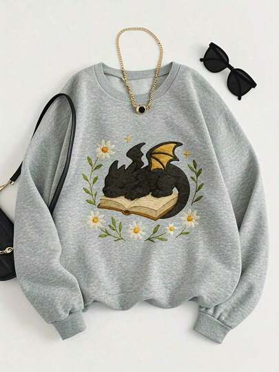 1 PcsWomen'S Black Fantasy Dragon On Book Graphic Sweatshirt - Cozy Pullover With Floral & Starry Night Design, Soft Round Neck Long Sleeve Casual Sweater For Book Lovers & Dragon Enthusiasts, Spring/Fall Literary Inspired Apparel, Fall Sweatshirt For Women, Fall Clothe For Women, Women' Sweatshirt, Sweater For Women, Women Fall Clothe