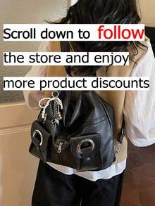 这款时尚简约的大容量女士通勤单肩包采用PU材质，饰有珍珠心形吊坠，搭配镂空铆钉拉链，并配有肩带和手提带。它适合旅行、通勤和学生使用，既可作为旅行背包，也可作为休闲背包。