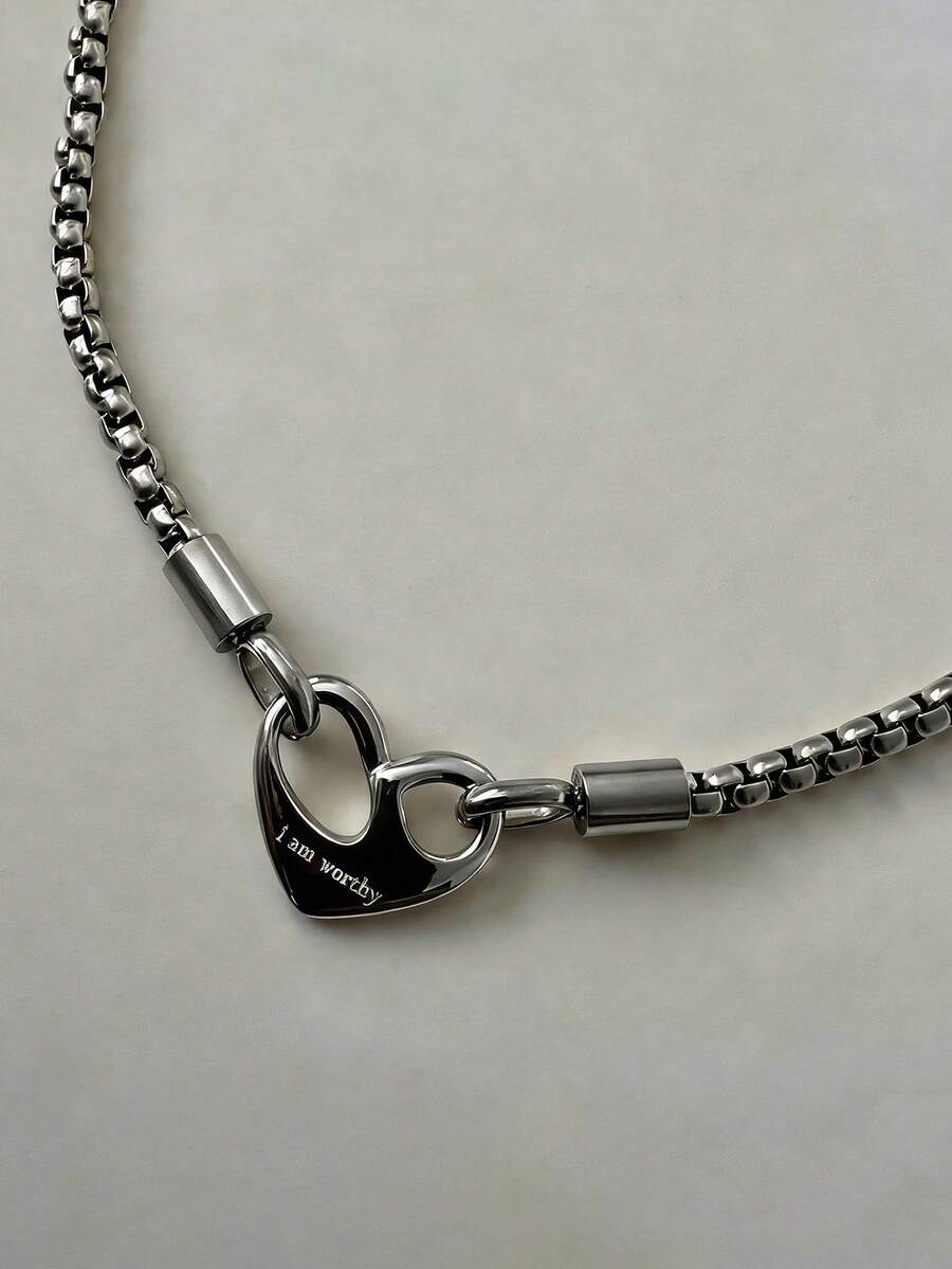 1pc Stainless Steel Heart Pendant Necklace With "I Am Worthy" Engraving, Unisex Choker Necklace, Suitable As A Gift To Yourself - Silver I Am Worthy - View 1