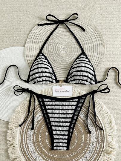 Conjunto de bikini de 2 piezas para vacaciones en la playa de mujeres, 2026 nuevo, de tela texturizada a rayas en contraste, adecuado para primavera/verano, uso casual diario, piscina, fiesta, cita, atuendo de playa