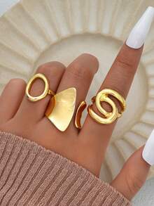 3件套不对称线条环绕宽面可调节戒指套装，夸张个性化多元素金色，男女皆宜，适合度假、派对、约会、日常搭配，高性价比珠宝
