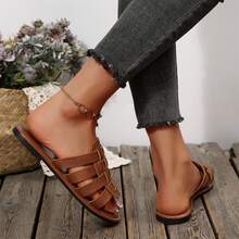 Womens Dressy Summer Sandals Outdoor Walking Travel Flats Slides Shoes Round Toe Braided Comfy Closed Toe Woven Vacation Mules - 棕色 - 查看 8