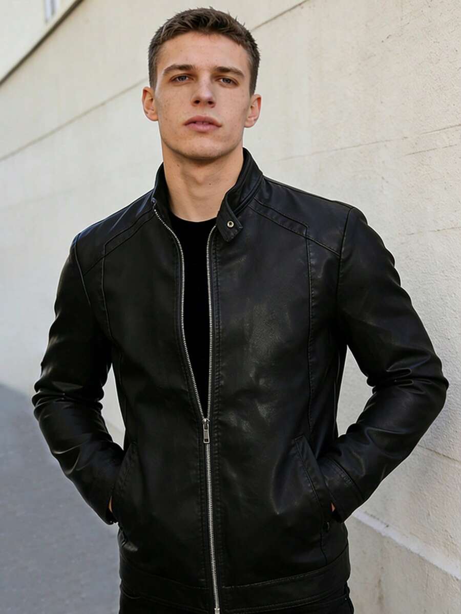 男士时尚英伦风皮夹克，复古立领休闲摩托车皮夹克，男友圣诞礼物，送给他的礼物 - 黑色 - 查看 1