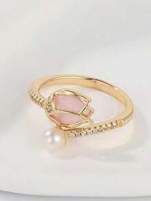 Gilded Tulip Bud Adjustable Ring, Women's Fashion Jewelry, Pink Crystal Bridal Wedding Party Gift, Couple, Friend, Girlfriend, Royal Vintage - 金色 - 查看 3