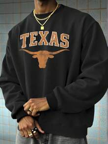 Sudadera De Cuello Redondo Casual Y Holgada Cómoda Para Hombres Con Gráfico Retro Del Longhorn De Texas Estadounidense, Estilo Callejero Hip Hop - 黑色 - 查看 1