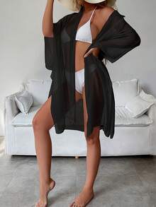 女士黑色蝙蝠袖七分袖上衣，黑色衬衫，单排扣衬衫，纯色外套，舒适轻便，黑色派对上衣，黑色连衣裙，黑色衬衫，女士复活节上衣，女士海滩度假夏季服装 - 黑色 - 查看 4