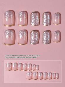 24pcs/Set Medium Square Shiny Colored French Manicure Nail Stickers, Containing Glitter, Full Coverage Acrylic False Nails, Includes 1pc Jelly Gel And 1pc Nail File, Suitable For Women And Girls For Daily Work, Study And Gatherings - Multicolor - View 4