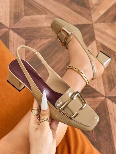 新款法式粗跟闭趾凉鞋，酒红色，中低跟，金属方头，优雅女士高跟鞋