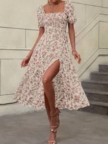 Women's Long Dress With Floral A-Line Print, Square Neckline, French Dresses With Split Hem - Elegant And Sexy - 淺粉色 - 查看 9