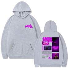 Felpa con cappuccio con stampa grafica del rapper Mora, adatta sia per uomo che per donna, di stile hip-hop, oversize, manica lunga, vintage, streetwear - Grigio Chiaro - Visualizzare 13