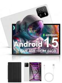 Qetupa Pad6 10.1英寸安卓平板电脑，配备保护套，4GB RAM + 64GB ROM（支持1TB扩展），MTK6771八核2.0GHz处理器，高清(1280x800) IPS触控屏，500万像素前置摄像头和1300万像素后置摄像头，6000mAh长效电池，支持802.11ax Wi-Fi 6 (2.4G+5G)、蓝牙5.2、GPS，无SIM卡槽，Type-C充电接口 - 白色 - 查看 1