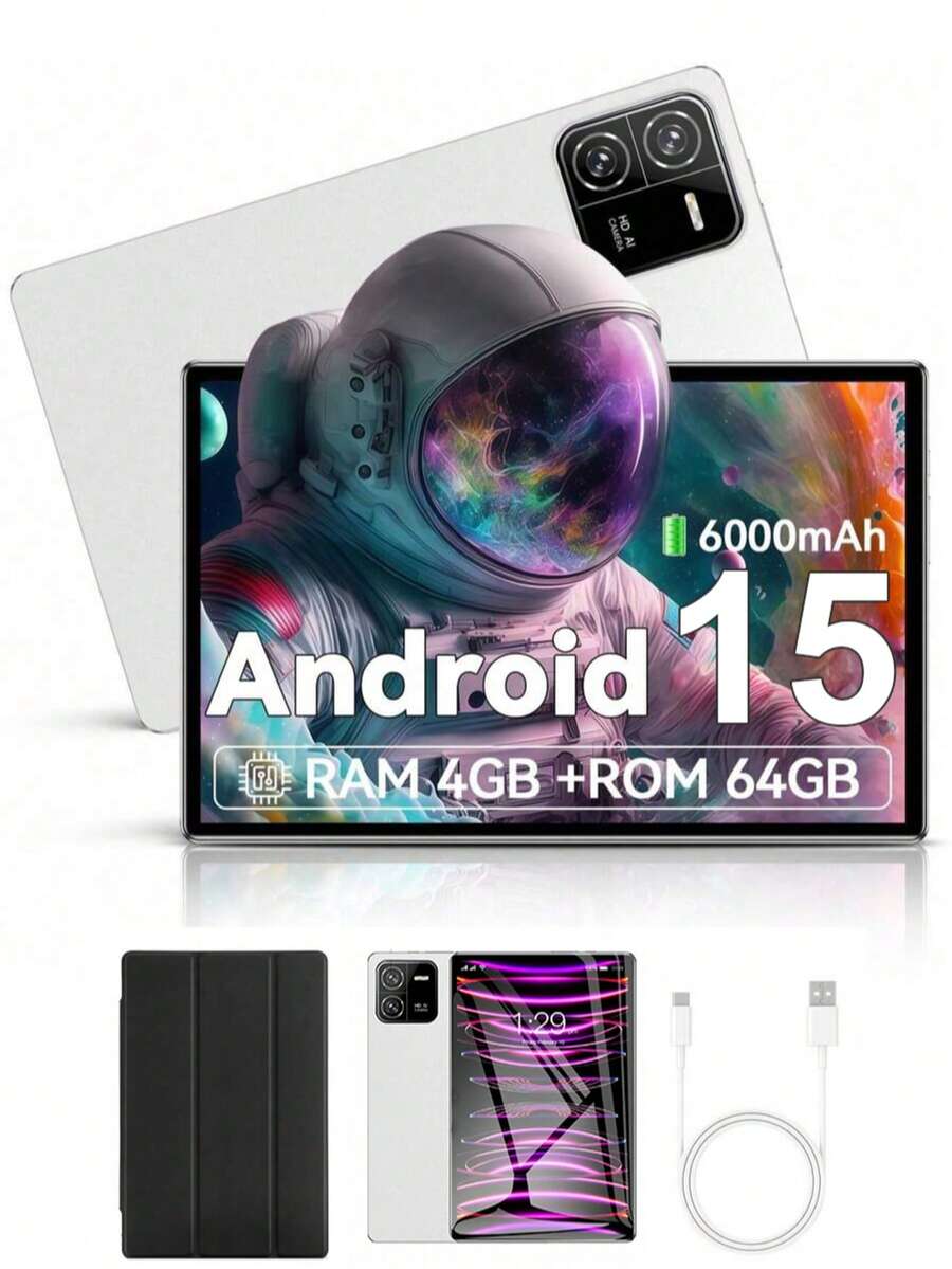 Qetupa Pad6 10.1英寸安卓平板电脑，配备保护套，4GB RAM + 64GB ROM（支持1TB扩展），MTK6771八核2.0GHz处理器，高清(1280x800) IPS触控屏，500万像素前置摄像头和1300万像素后置摄像头，6000mAh长效电池，支持802.11ax Wi-Fi 6 (2.4G+5G)、蓝牙5.2、GPS，无SIM卡槽，Type-C充电接口 - 白色 - 查看 1