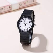 Reloj de cuarzo minimalista con esfera numérica y correa de PVC para estudiantes - Negro - Ver 5