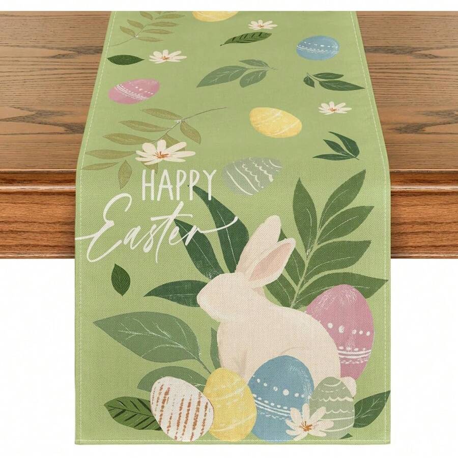 Green Rabbit, Egg, Leaf Flower Easter Table Runner, Seasonal Spring Kitchen Dining Table Decor For Home Party - Green - View 1