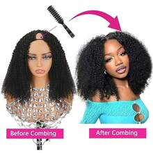 Pelucas rizadas con parte en V, cabello humano brasileño rizado para mujeres, pelucas en forma de V, pelucas frontales de encaje sin omisiones, pelucas con parte en U mejoradas, pelucas de media cabeza sin pegamento con clip, densidad del 180 %. - Natural Black - Ver 10