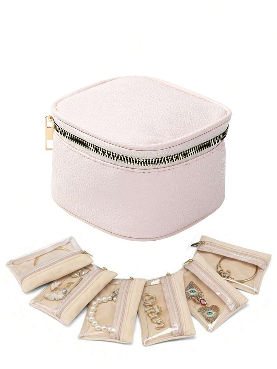 1 pièce Boîte à bijoux en velours avec 6 pochettes zippées, étui de voyage pour bijoux, cadeau de la Saint-Valentin, cadeau pour femmes et filles - boîte à bijoux - Voir 1