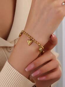 1pc Stainless Steel Heart Pendant Bracelet For Women Fashion Simple Heart Charms Beads Chain Bracelets Waterproof Jewelry