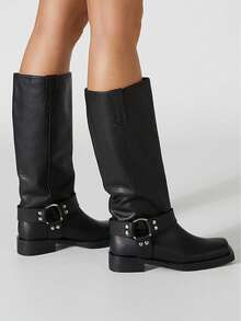 Women's Knee High Boots Slip On Riding Boots, Buckle Boots For Women, Sexy Squared Toe Low Chunky Heel Tall Motorcycle Boots Dance Party Booties - màu đen - Xem 8