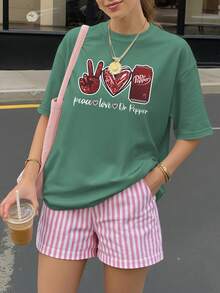 和平、爱与胡椒印花休闲宽松女装，适合夏季、中国新年、农历新年、马年、春节、新年快乐、情人节、情人节礼物、送给她的礼物。 - 綠色 - 查看 1