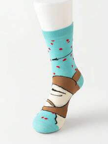 6 Pairs/4 Pairs/2 Pairs Unisex Blue Heart Kiss Pattern Mid-Calf Socks, Fashionable Combed Cotton Socks For Spring & Autumn - Multicolor - View 5