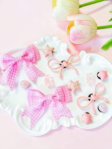 12pcs Pink Plaid Bow, Star, Teddy Bear Cute Y2K Style Shoe Clips, Suitable For Women Shoes, Sandals, Slippers, Garden Shoes, Beach Shoes DIY Decoration, Excellent Party, Birthday, Holiday Gift - Pink Double Bows - View 1