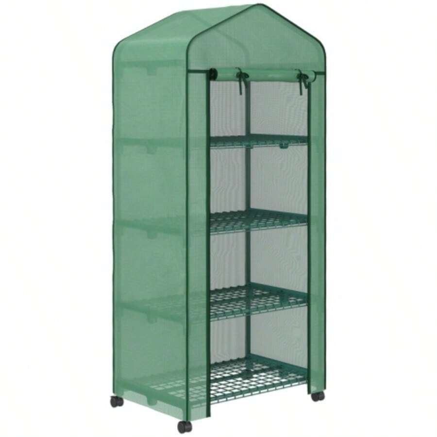 Foil Greenhouse, Hothouse, Mini Greenhouse, Plant House, Cold Frame, 4 Shelves, 69 X 50 X 165 Cm, Green - Green - View 1
