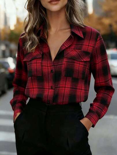 Women's Red Plaid Long Sleeve Button-Up Shirt, Polyester Fabric, Shirt Collar, With Flap Pockets, Regular Fit, Suitable For Casual Wear