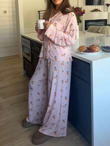 2 件套女士休闲开衫上衣和阔腿裤套装，春秋 - 淺粉色 - 查看 9