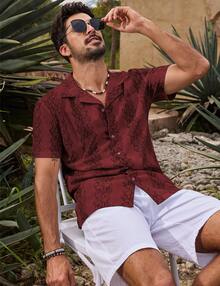URRU Mens Floral Hawaiian Shirt Hollow Out Sheer See Through Short Sleeve Casual Button Down Shirts Summer Beach Tops - 酒紅色 - 查看 4