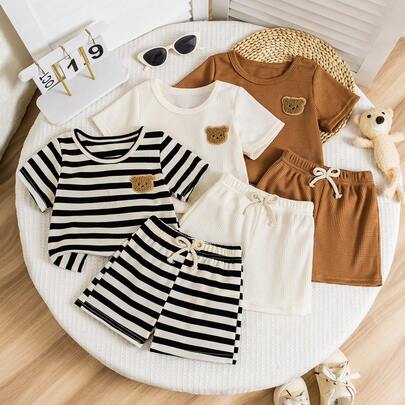 6pcs/Set Infant/Toddler Boys/Girls Waffle Textured Embroidered Bear Short Sleeve Crew Neck T-Shirt Set, Cropped Outfit, Suitable For Summer, Spring, Great For Outdoor Activities, School, Streetwear, Parties And Casual Occasions, High Cost-Performance