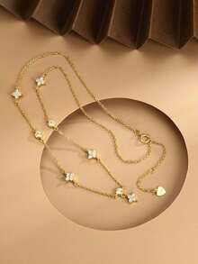 1pc S925 Sterling Silver Necklace, Fashion Floral & Clover Cubic Zirconia Pendant, Minimalist Dainty Clavicle Chain, Jewelry Gift For Women, Mother, Girlfriend, Friend, Daily Wear - Gold - View 6