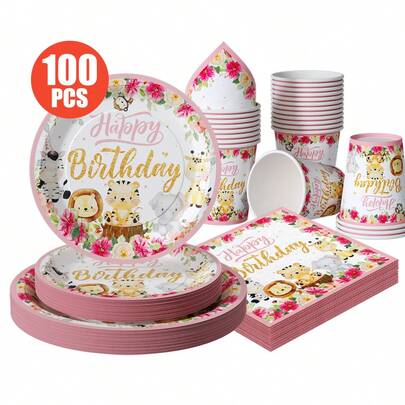 1 Set Floral & Animal Print Happy Birthday Disposable Plates, Napkins, Cups, Suitable For 25 Guests, One-Time Party Supplies For Birthday, Wedding, Family Picnic