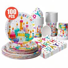 100/25/10pcs White Candle Cake Happy Birthday Disposable Plates Napkins Cups, Disposable Party Supplies Set, Suitable For 25 Guests, Disposable Paper Plates Party Tableware Suitable For Birthday Wedding Theme Party Family Picnic - Multicolor - View 1