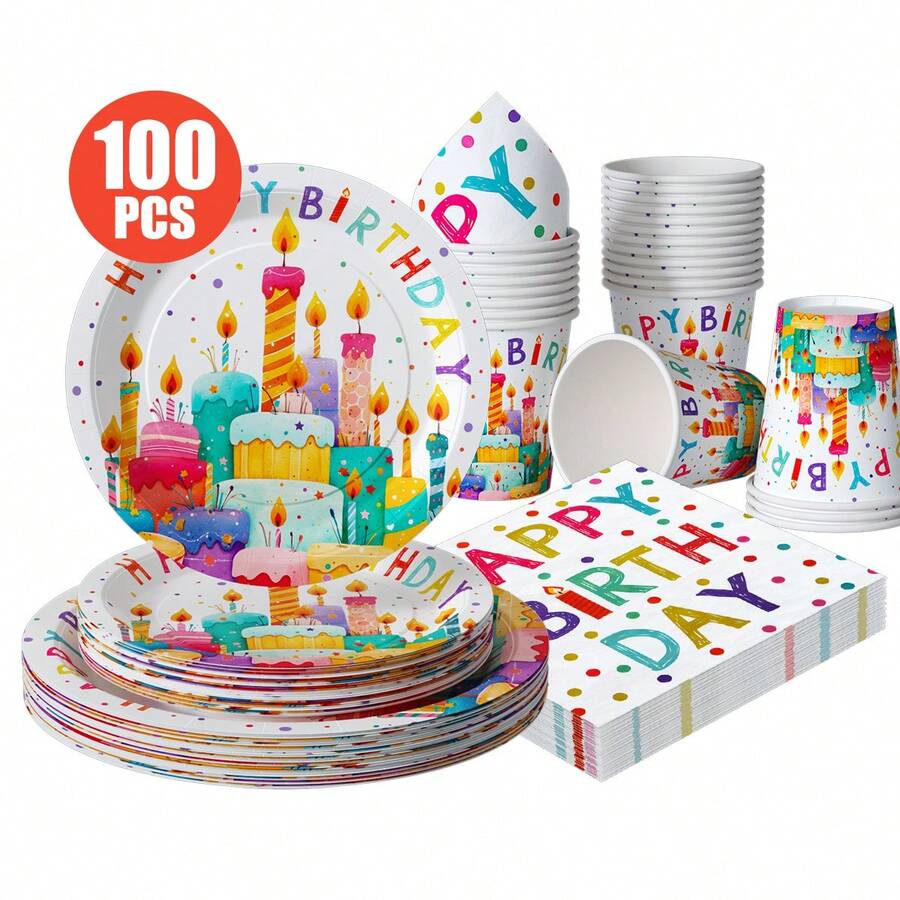 100/25/10pcs White Candle Cake Happy Birthday Disposable Plates Napkins Cups, Disposable Party Supplies Set, Suitable For 25 Guests, Disposable Paper Plates Party Tableware Suitable For Birthday Wedding Theme Party Family Picnic - Multicolor - View 1