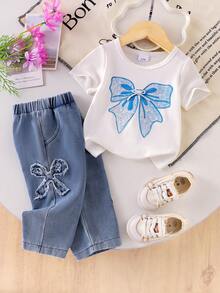 2pcs Baby Girl Fashion Minimalist Bow Print Round Neck Short Sleeve T-Shirt Top And Bow Embroidered Loose Straight Leg Denim Pants Set - White - View 1