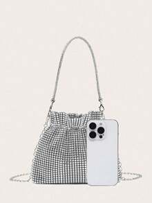 1件装女士优雅褶皱水钻方形手拿包，百搭简约设计，适合晚间外出 - 銀色 - 查看 3