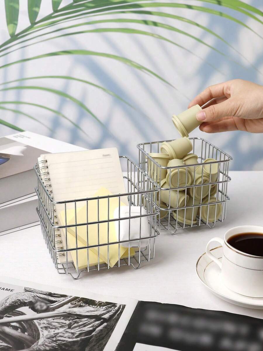 1/2pcs Iron Square Desktop Storage Organizer Basket, Available In Multiple Sizes, For Kitchen Fruit & Vegetable, Makeup Cosmetics, Coffee Capsules, Office Supplies, Back To School Student Gift - Multicolor - View 1