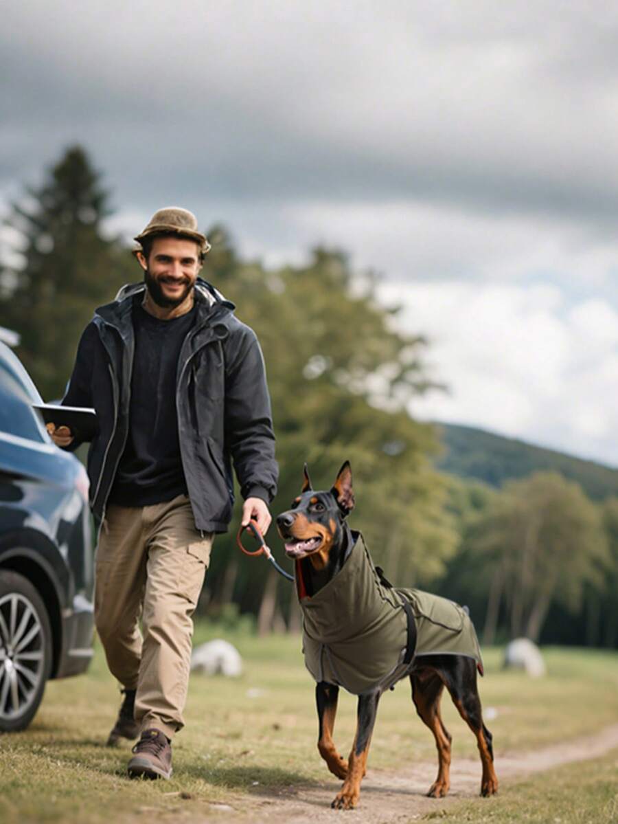 防水狗狗雨衣 - 冬季狗狗外套，带防风内衬、天鹅绒内衬，可调节，带反光条，绿色 - 軍綠色 - 查看 1