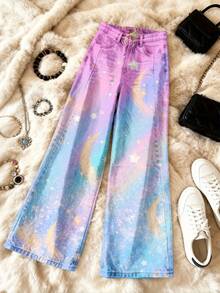 3D Women'S Jeans |   Imitation Pastel Galaxy With Stars And Moons, High-Waisted, Fashionable And Casual, Fall/Winter Retro Style, Long Length, Slim Fit - 彩色 - 查看 3