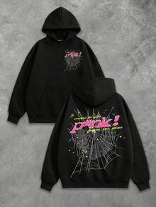 Pink! Spider Web Star Printed Men's Hoodie, Fleece-Lined And Warm With Pockets, Long-Sleeve Sweatshirt Suitable For Autumn And Winter Street Fashion, Jogging, Sports, Travel, Vacation, And Outdoor Commuting Or Camping For Men. - 黑色 - 查看 1