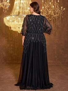 UNITHORSE [Random Print] Plus Size Women Round Neck Sequin Fitted Chiffon Evening Dress Wedding Party Black, Formal Gown Fall - Black - View 2