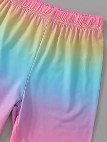 2pcs/Set Older Girls' Summer Short Sleeve T-Shirt And Rainbow Gradient Shorts, Fashion Basketball Print Casual Outfit