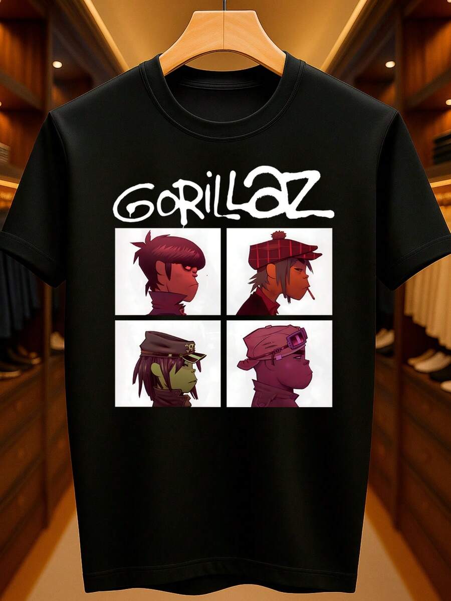 Gorilla La Z Demon Days Alternative Rock Band Basic Unisex T-Shirt 100% Premium Cotton – Men's And Women's | Casual, Streetwear, Plus Size, New Arrival With Immediate Shipping In Various Colors - 黑色 - 查看 1
