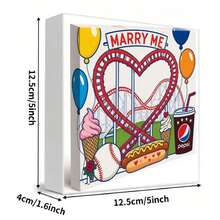 Romantic Proposal Amusement Park Themed Decorative Wooden Box - Red Heart Roller Coaster Track, Colorful Balloons, Ice Cream, Baseball, Hot Dog,  Cup & Rose, Playful Vibrant Design For Festive Gift Or Engagement Keepsake - White - View 5